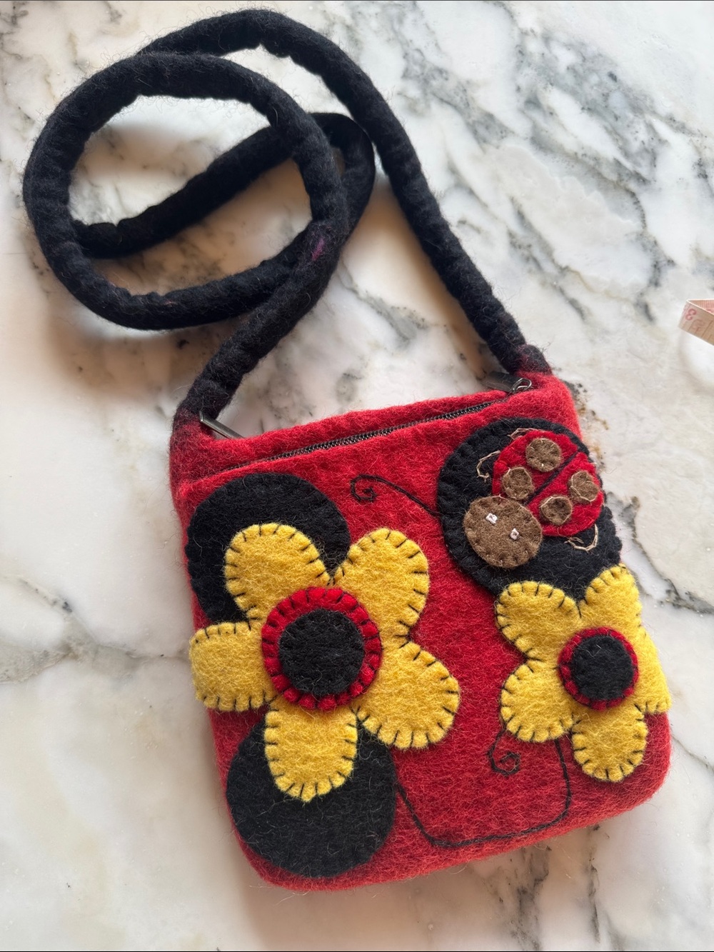 Nepal Felted Wool Floral Ladybug Crossbody Bag Red Boho